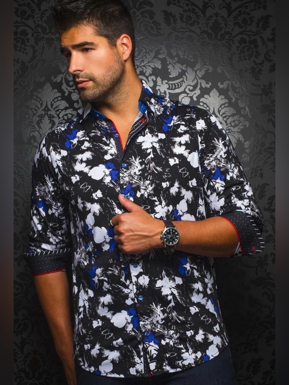 Au Noir Men's Theodoro Black Floral Button-Down Luxury Knit Shirt / Size XXL